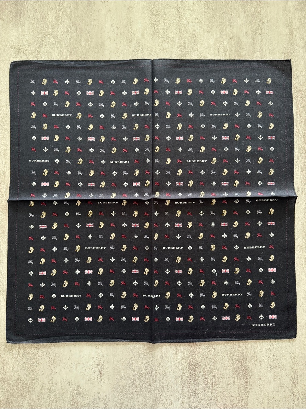 Burberry Black Pocket Square with Multicolor Motif